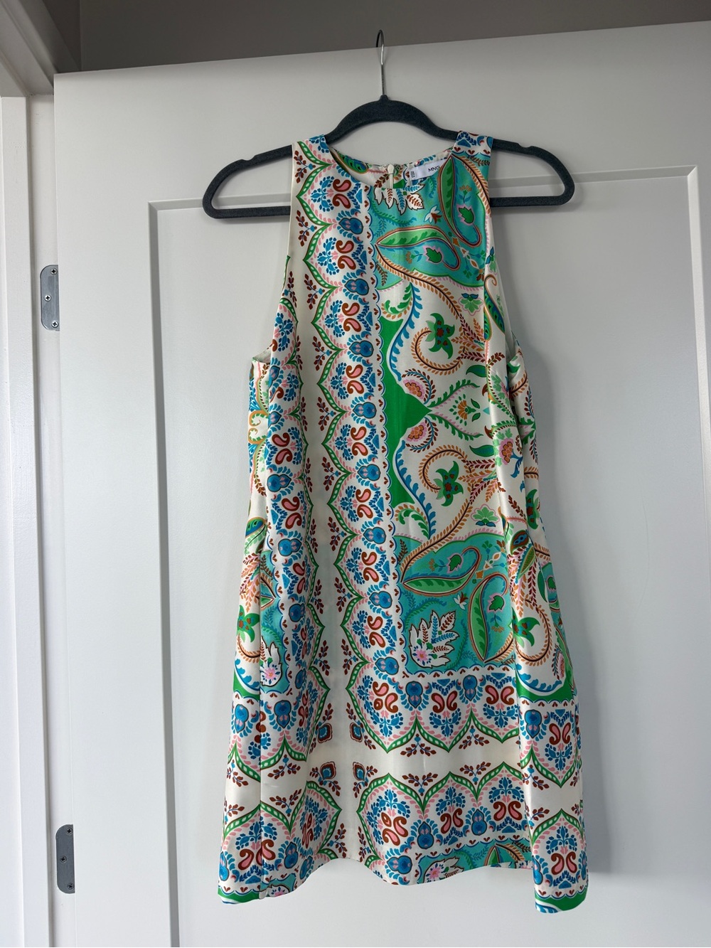 Mango Sleeveless Paisley Mini Dress in Cream, Green and Blue